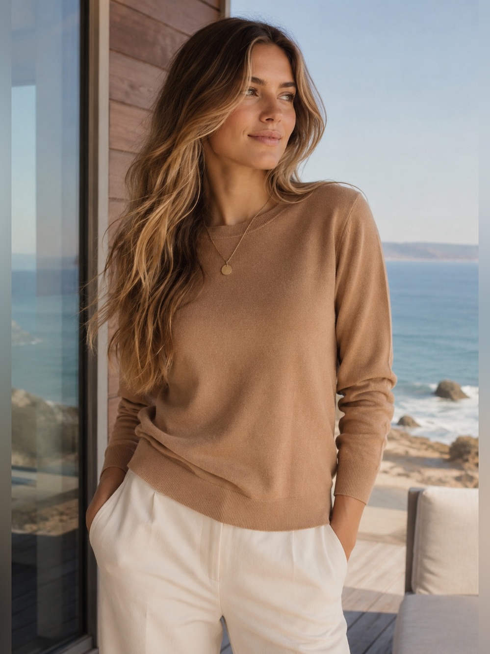 Zara Fine Knit Crewneck Sweater Pullover in Beige Size M